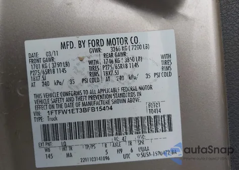 2011 Ford F-150 Xlt from USA, damaged, VIN 1FTFW1ET3BFB15404
